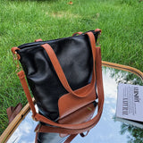 Women Tote Handbag PU Leather Patchwork Bucket Shoulder Bag High Capacity