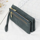 Women Dull Polish Leather Wallet Double Zipper Clutch Purse Wristlet