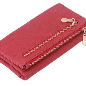 Women Leather Wallet Double Zipper Clutch Wristlet Handbag
