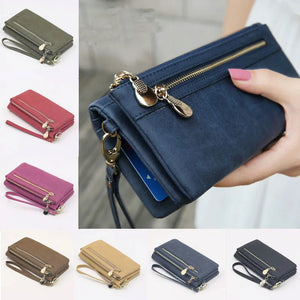 Women Dull Leather Wallet Double Zip Clutch Purse Wristlet Handbags