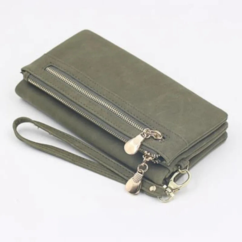 Women Leather Double Zip Clutch Purse Wristlet