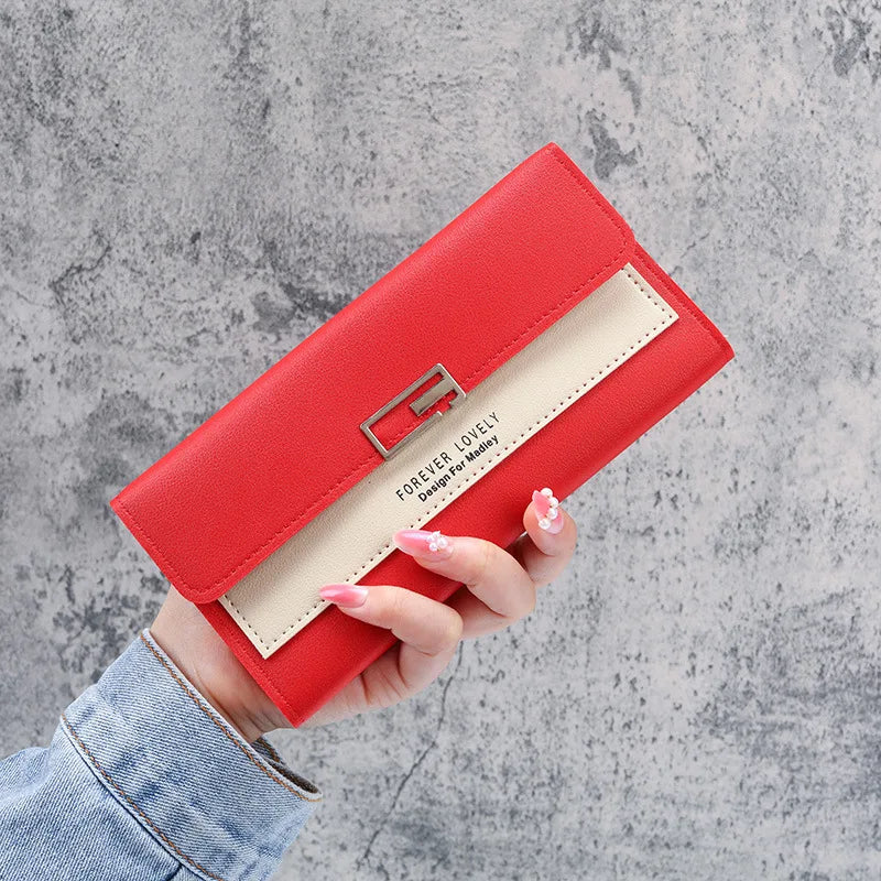 Gray Red Long Zipper Clutch Wallet Soft PU Leather Money Bag