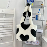 Women Winter Faux Fur Purse And Handbag Girls Heart Prints Fluffy Shoulder Bag