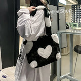 Women Winter Faux Fur Purse And Handbag Girls Heart Prints Fluffy Shoulder Bag