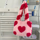 Women Winter Faux Fur Purse And Handbag Girls Heart Prints Fluffy Shoulder Bag