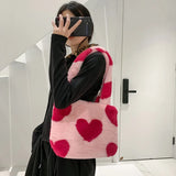 Women Winter Faux Fur Purse And Handbag Girls Heart Prints Fluffy Shoulder Bag