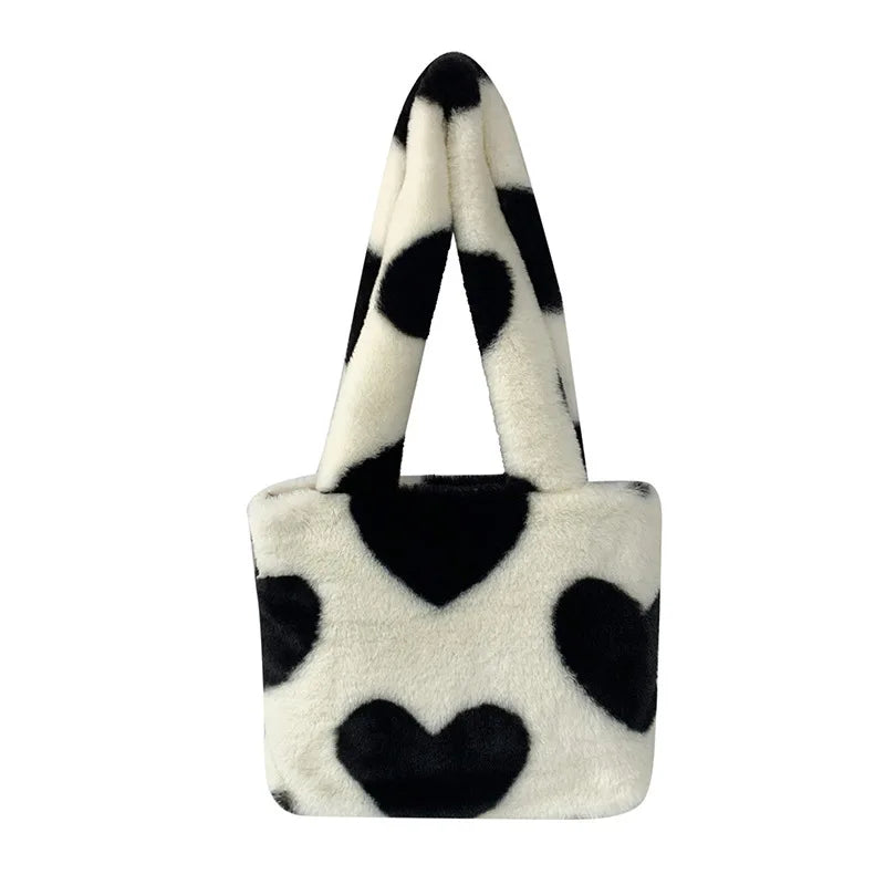 Women Winter Faux Fur Purse And Handbag Girls Heart Prints Fluffy Shoulder Bag