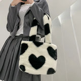 Women Winter Faux Fur Purse And Handbag Girls Heart Prints Fluffy Shoulder Bag