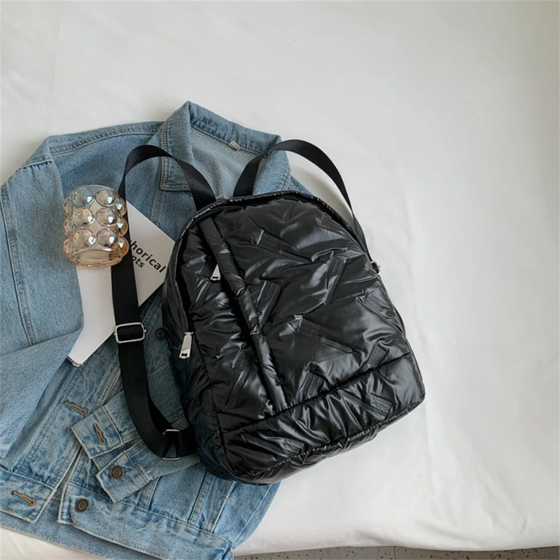 Women's Soft Down Fabric Backpack School Quilted Padded Bag