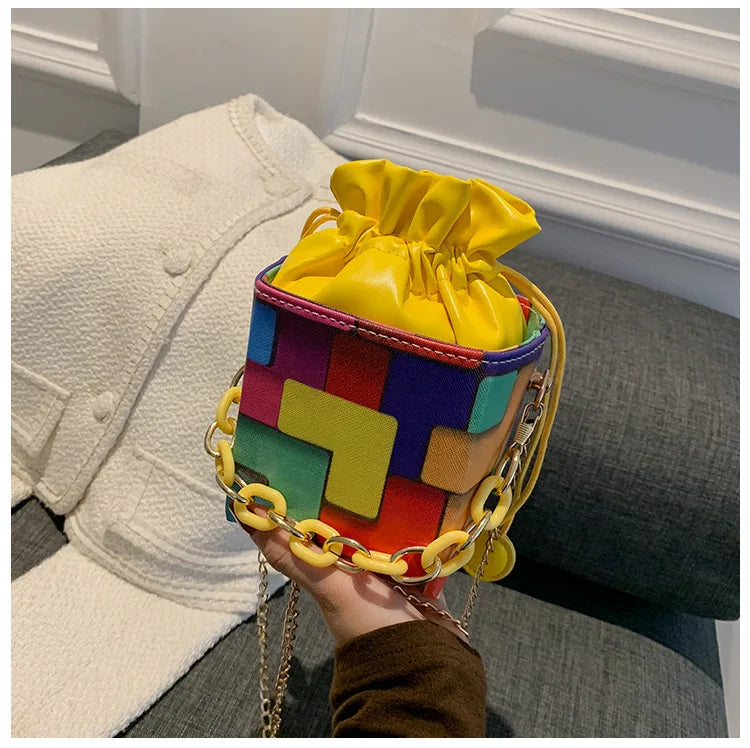 Printed Bucket Bag Chain Strip Messenger Single Shoulder Small Bag