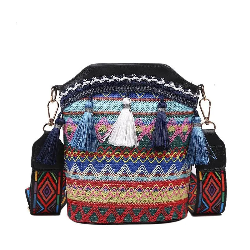 Ethnic Style Tassel Bucket Bag Knitting Women
