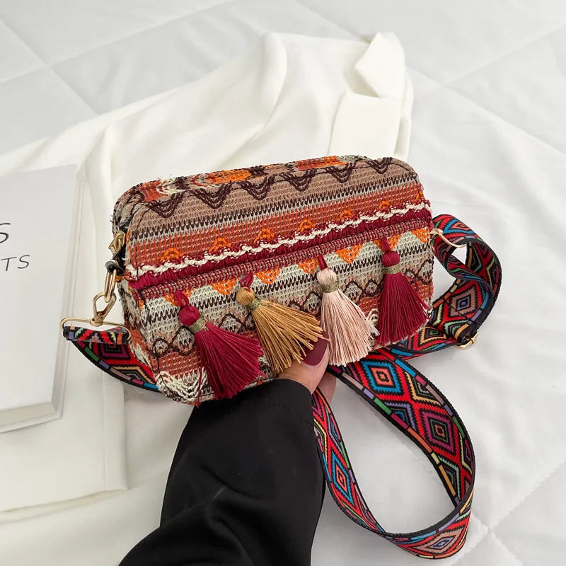 Ethnic Style One-shoulder Messenger Bag Tassel Woven Square Bag Women