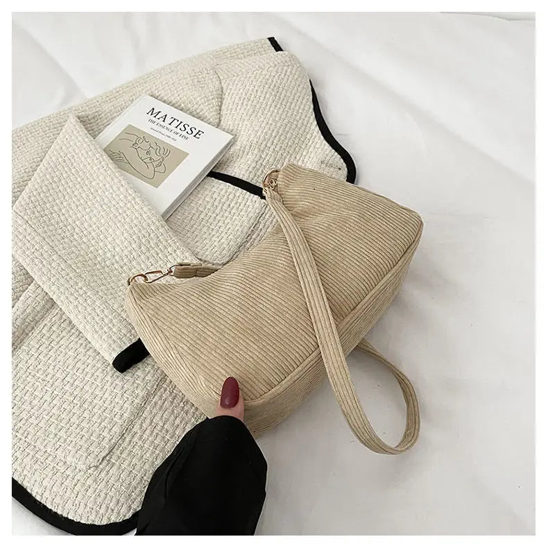 Women's Corduroy Shoulder Bag Solid Handbag Top-handle Tote Bag