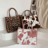 Vintage PU Leather Plush Animal Print Handbag Large Tote Bag