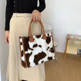 Vintage PU Leather Plush Animal Print Handbag Large Tote Bag
