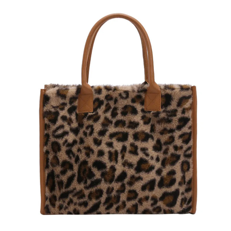 Vintage PU Leather Plush Animal Print Handbag Large Tote Bag
