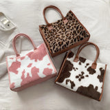 Vintage PU Leather Plush Animal Print Handbag Large Tote Bag