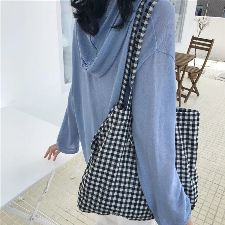 Plaid Eco Canvas Tote Shoulder Bag Large Capacity Ladies Purse Handbags