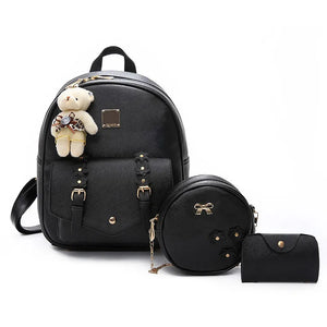 Women's PU Student Backpack Wallet Satchel Three Piece Set
