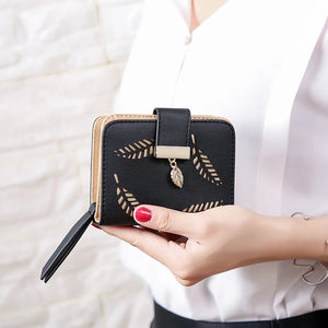 Women's Small Zipper Wallet Clutch Bag with Hollow Out Leaves