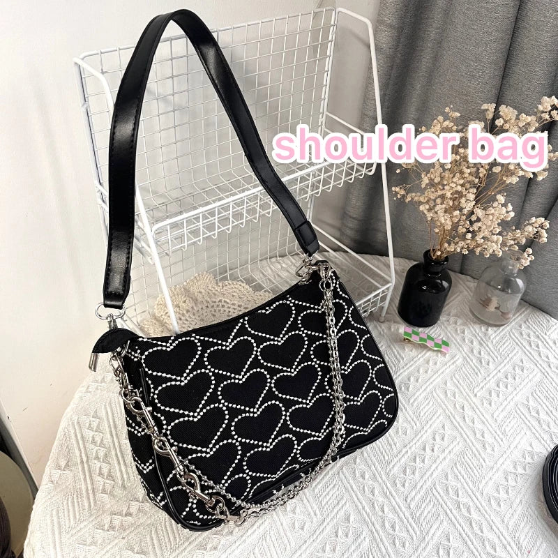 Embroidery Love Heart Shoulder Bag Chain Purse Handbags