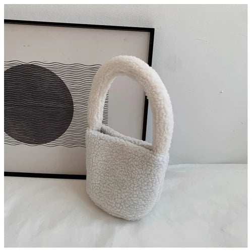 Women's Winter Plush Handbags Vintage Ladies Small Bucket Shoulder Bags