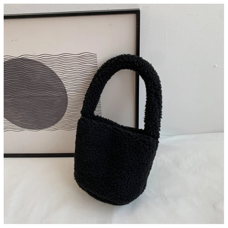 Women's Winter Plush Handbags Vintage Ladies Small Bucket Shoulder Bags