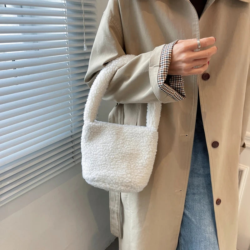 Women's Winter Plush Handbags Vintage Ladies Small Bucket Shoulder Bags
