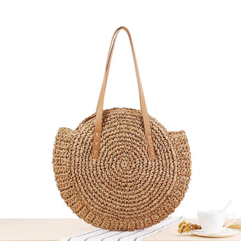 Round Straw Beach Shoulder Bag Women Crossbody Handbag Tote Bag