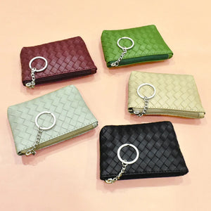 Woven Leather Coin Purse Men Women Coin Wallet Girls Key Holder Money Bag