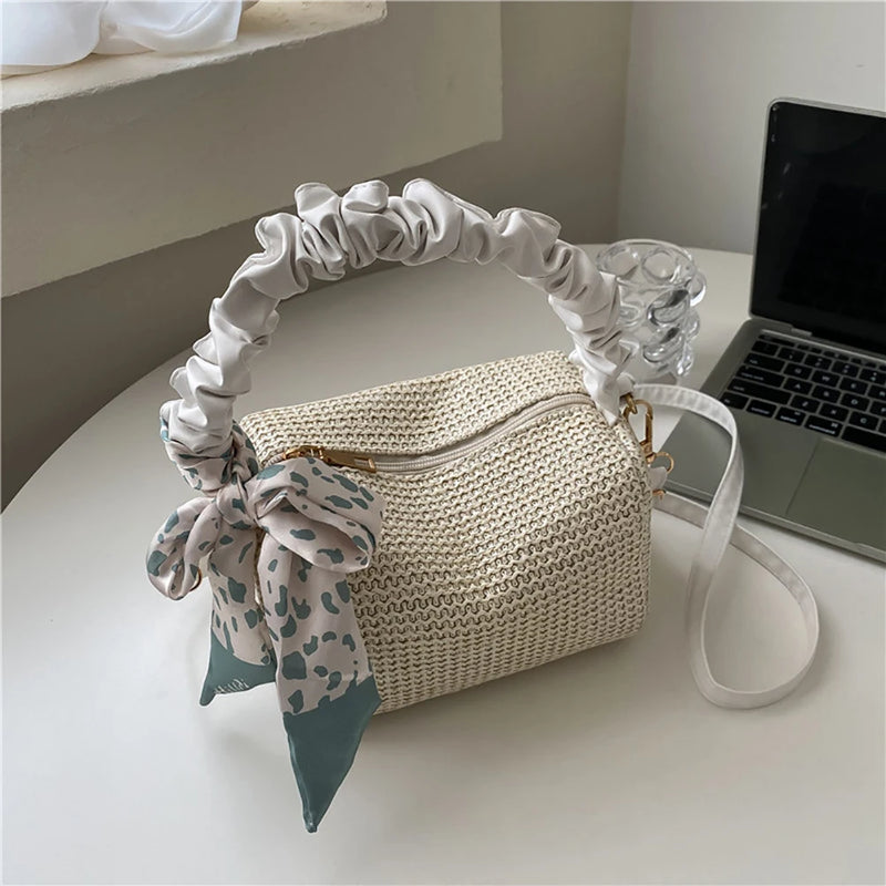 Stylish Woven Shoulder Bag Silk Scarf Travel Messenger Handbag