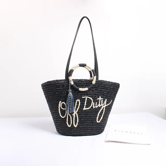 Woven Straw Shoulder Bag with Tassel, Ideal for Travel and Beach
