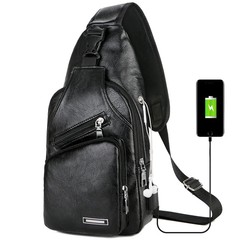 Men's Retro Brown Chest Bag USB Charging Headphone Jack Crossbody Bag
