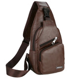 Men's Retro Brown Chest Bag USB Charging Headphone Jack Crossbody Bag