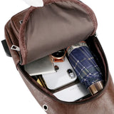Men's Retro Brown Chest Bag USB Charging Headphone Jack Crossbody Bag
