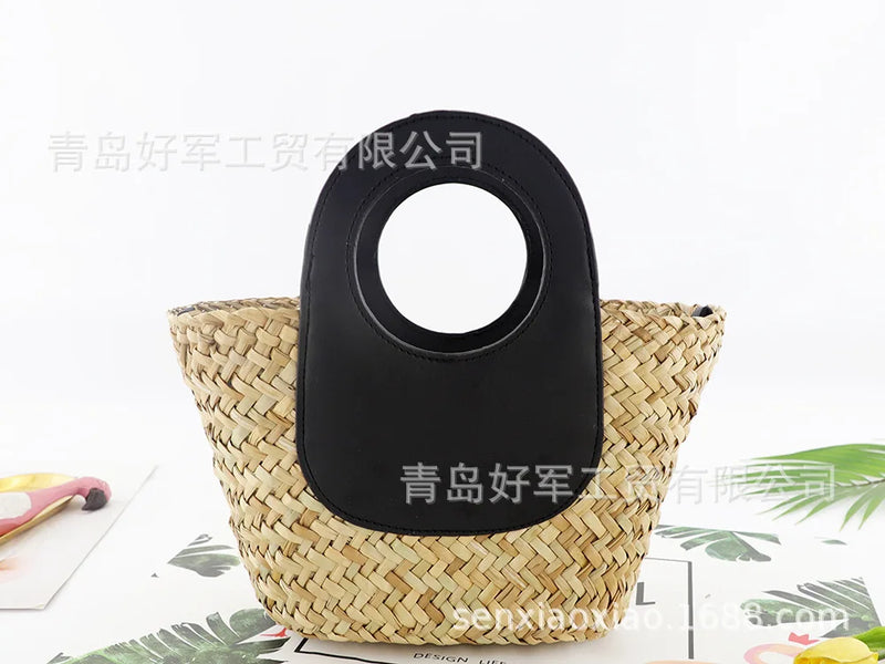 Casual Woven Beach Bag with Stitching Messenger Straw Handbag