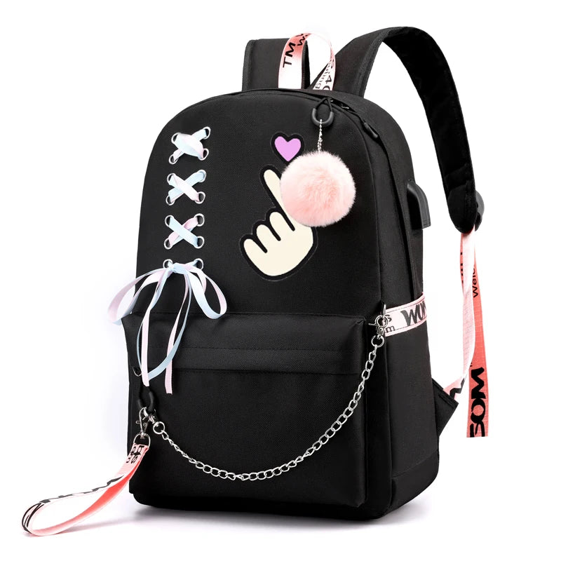 Teenager Girls Canvas Backpack School Bag Tassel Chain decoration