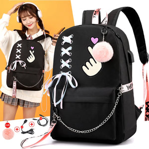 Teenager Girls Canvas Backpack School Bag Tassel Chain decoration