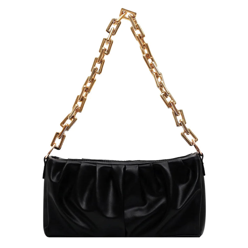 Women PU Leather Evening Clutch Bag Solid Pleated Chain Handbag
