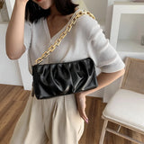 Women PU Leather Evening Clutch Bag Solid Pleated Chain Handbag