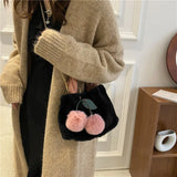 Cherry Faux Fur Bag w/ Fur Ball Chain Bucket Bag Messenger Handbag for Women