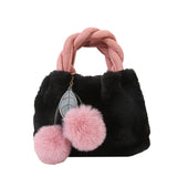 Cherry Faux Fur Bag w/ Fur Ball Chain Bucket Bag Messenger Handbag for Women