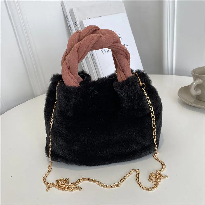 Cherry Faux Fur Bag w/ Fur Ball Chain Bucket Bag Messenger Handbag for Women
