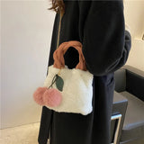 Cherry Faux Fur Bag w/ Fur Ball Chain Bucket Bag Messenger Handbag for Women