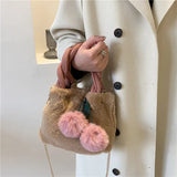 Cherry Faux Fur Bag w/ Fur Ball Chain Bucket Bag Messenger Handbag for Women
