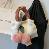 Cherry Faux Fur Bag w/ Fur Ball Chain Bucket Bag Messenger Handbag for Women