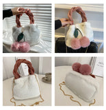 Cherry Faux Fur Bag w/ Fur Ball Chain Bucket Bag Messenger Handbag for Women