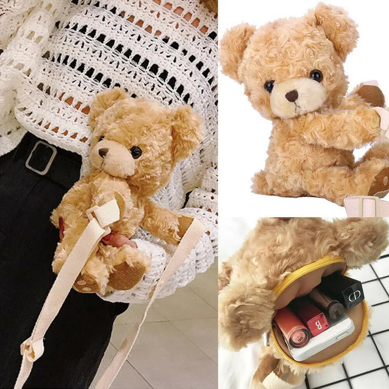 Faux Fur Bear Head Purse Cartoon Female Handbag Fluffy Teddy Shoulder Bag