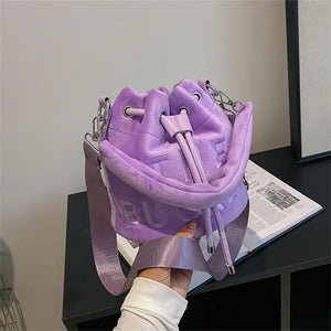 Faux Fur Bucket Bag Soft Plush Ladies Shoulder Crossbody Bags Winter Tote Purses