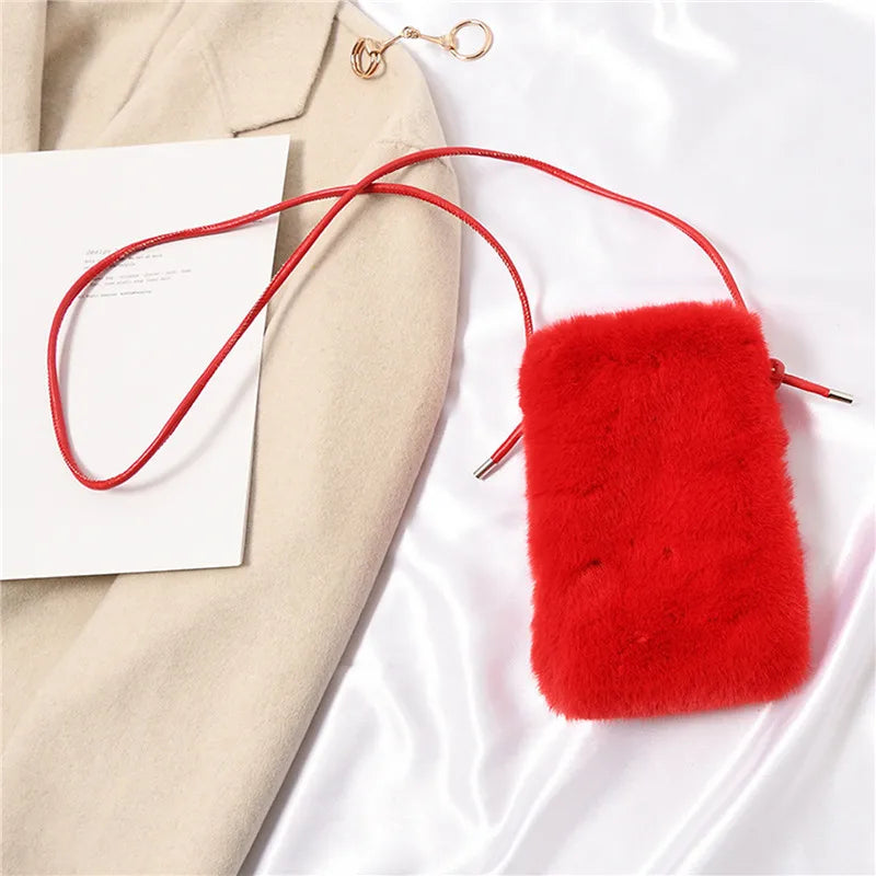 Faux Fur Crossbody Bag Small Women Solid Mini Cell Phone Purses